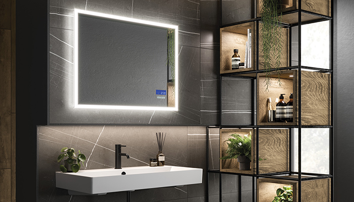 HiB's Globe Plus illuminated mirror, with colour temperature changing LED illumination, can be connected to a phone via Bluetooth so users can listen to their favourite podcast or playlist via two integrated speakers