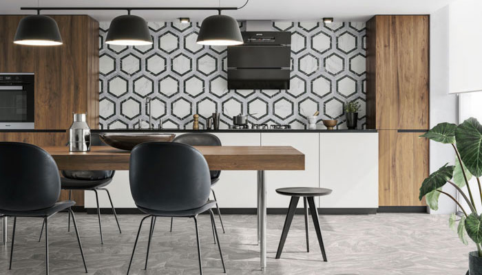 Realonda’s hexagonal Agra tile measures 28.5 x 33cm, is suitable for both walls and floors and has an antibacterial coating