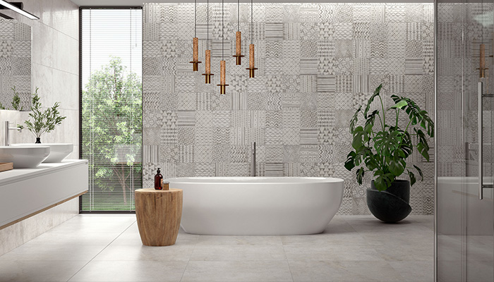 Colorker’s Memento is a cement-effect design that includes the decorative Bekko Mix wall tile and plain floor and wall tiles such as Memento Silver