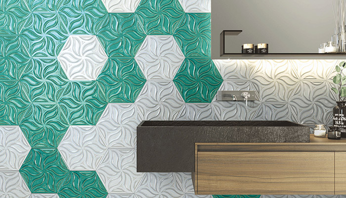 Realonda’s Ivy combines a hexagonal format with sinuous texture to create a striking wall tile. Format 28.5x33cm
