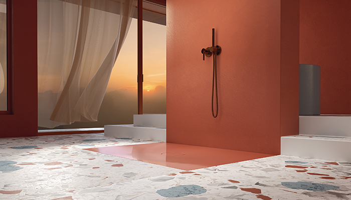 The BetteAir shower tile comes in over 400 colours – it is shown here as part of a bold bathroom scheme