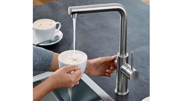 Grohe's Red, shown here with L-shaped spout, provides hot water of up to 99°C and complies with the European standards for Energy Efficiency Class A