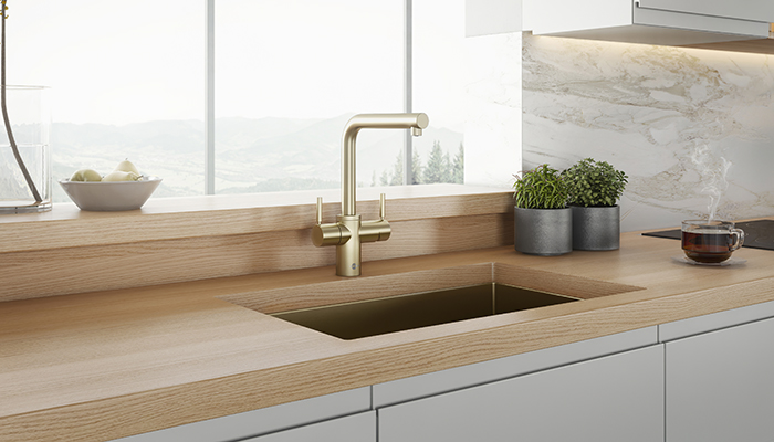 The Brushed Gold 3N1 steaming hot water tap from InSinkErator
