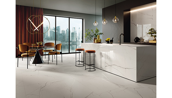 Jurassic marble-effect porcelain tile, available from Stone & Ceramic Warehouse