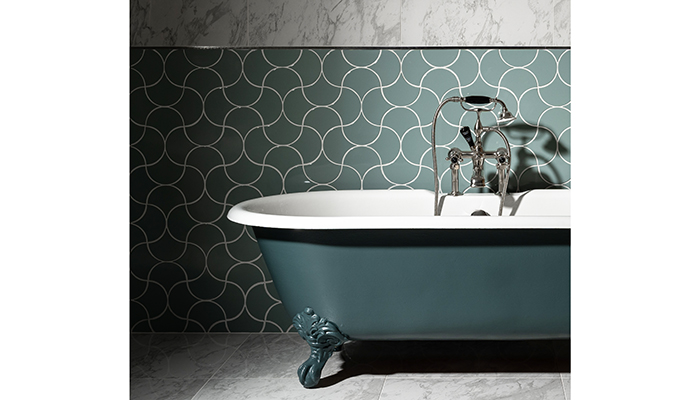 Hoffman freestanding cast iron bath painted in Abberley Green with Devonshire crosshead bath & shower mixer in brushed nickel finish