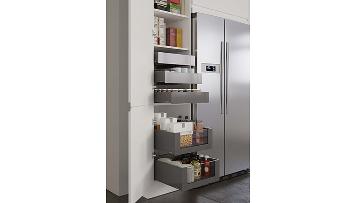 Mereway’s full-height storage larder provides a combination drawers and open shelving