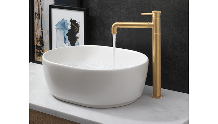 Crosswater’s MPRO Industrial basin tall monobloc in Unlacquered Brushed Brass is designed to change colour over time with oxidisation 