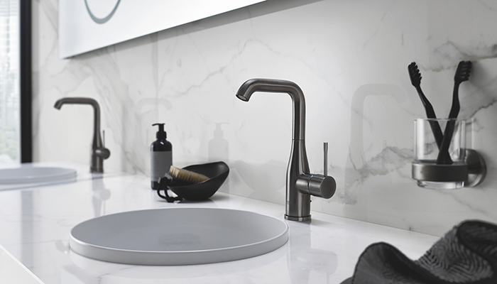 While full-on black may be too bold to suit some clients’ requirements, graphite tones are proving a popular compromise. The Essence single-lever basin mixer in Hard Graphite is packed with Grohe technology, including EcoJoy, which limits water flow, helping to reduce water consumption and save energy