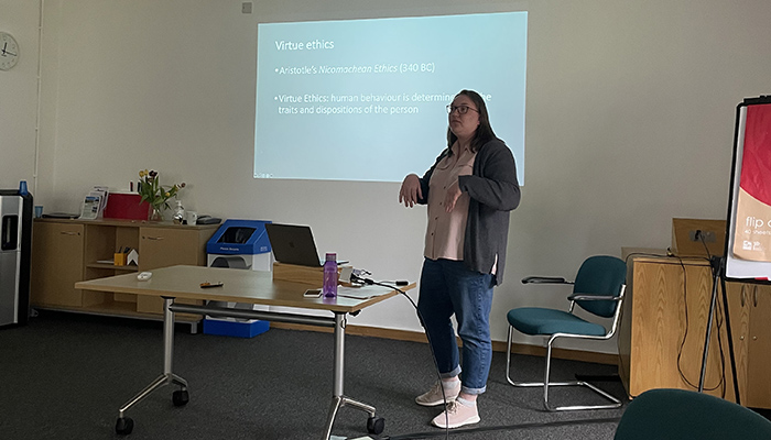 Lecturer Ellie Turzynski giving a talk on unconscious bias and how we can guard against it in kitchen showrooms, May 2021
