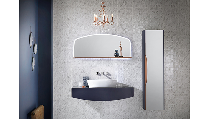 Utopia’s Opular wall-hung collection, shown here in Indigo glass with copper accent, is designed to make a statement 
