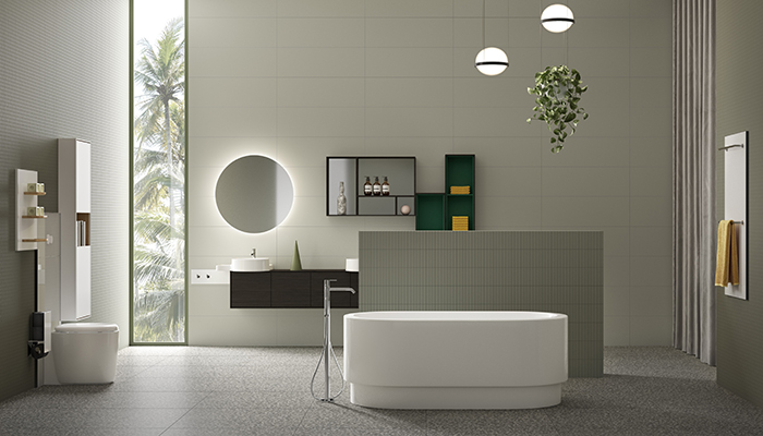 VitrA’s Voyage bathroom furniture is available in five different dual colour finishes for visual impact, including flamed grey and natural oak, planked sand and stone grey, and flamed grey and forest green, shown here