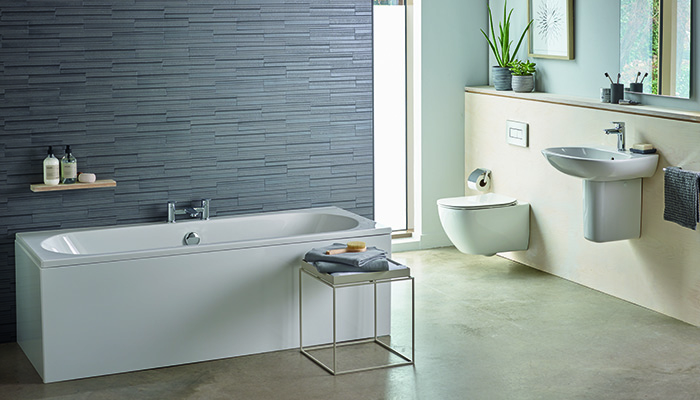 Ideal Standard’s 163-litre Tesi double-ended Idealform Plus+ bath proves that built-in needn’t mean boring, especially against a backdrop of stunning textured tiles