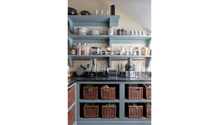 A combination of drawers and open shelving in The Hartford Collection in Azurite gives this Tom Howley design a classic look that will stand the test of time