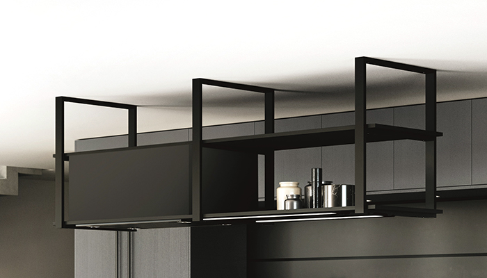 Rotpunkt's ceiling system can be made full size or custom, featuring a black metal frame that creates open storage over a kitchen island