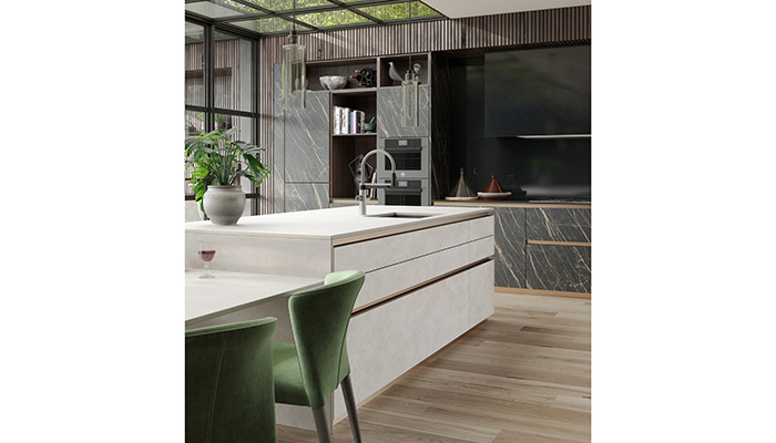 Mereway has recently added two new finishes to its Q-Line range, including Tempesta Ceramica on the wall units, and Diamante Ceramica on the island