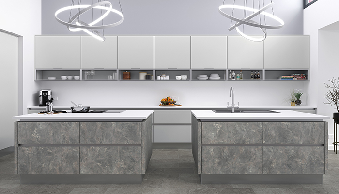 Crown Imperial's handleless Zeluso collection is shown in a double-island format in Grey Rock