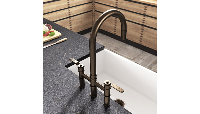 Perrin & Rowe's Armstrong mixer with pull-down rinse and textured handle is shown in an English Bronze finish