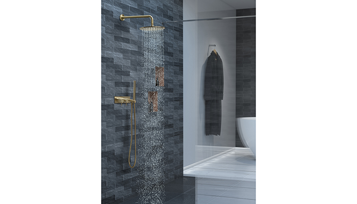 VOS thermostatic concealed two outlet shower valve and overhead shower in brushed brass