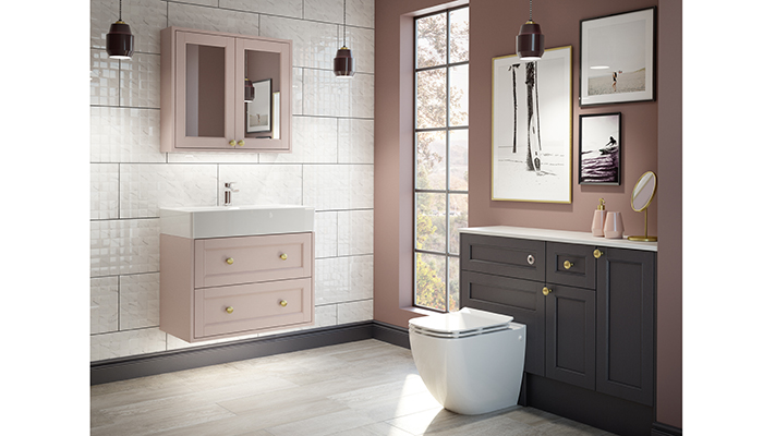 Roseberry painted timber furniture in Rose Quartz and London Grey from Utopia Bathrooms