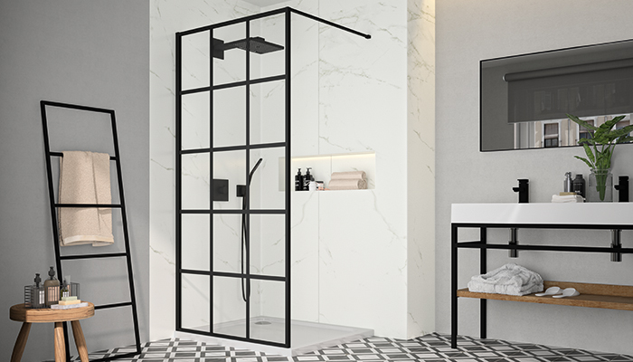 Merlyn’s Black double entry wet room and shower panel features an anodised aluminium matte black finish which is fully integrated with the underlying aluminium substrate to prevent chips and peels