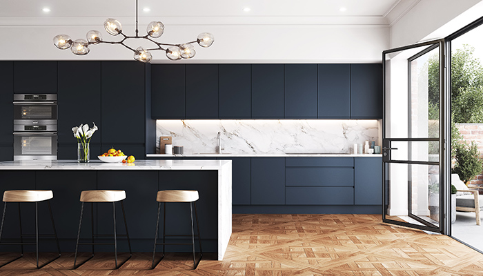 TKC's Lucente Matt handleless furniture in Indigo Blue satisfies the continuing trend for dark blue shades in the kitchen. Alongside 23 standard paint-to-order shades, a bespoke colour-matching service is also available 