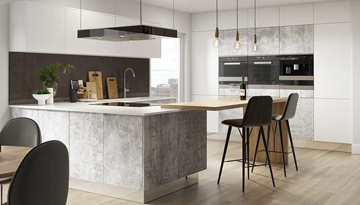 Omega Plc’s Bellato Grey handleless kitchen is ideal for clients looking for an on-trend, concrete-effect slab door. It’s manufactured from 18mm MFC with PVC edging and works well teamed with fresh white cabinetry and surfaces