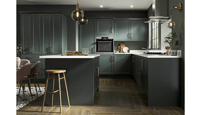 The new Harvard kitchen collection has door frames with narrow stiles and rails and no visible joints, for a modern twist – shown here in Hunter’s Green