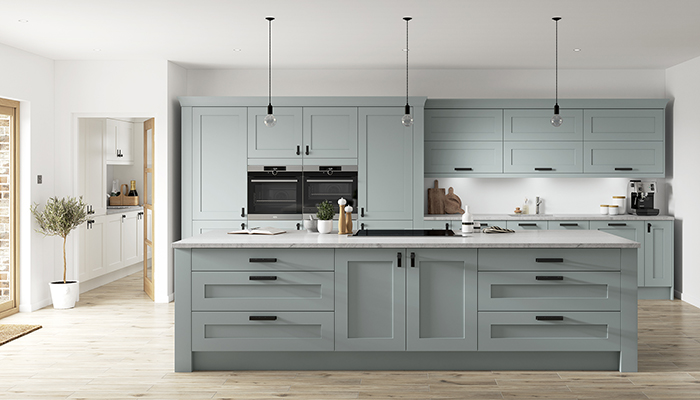 Described as a transitional take on Shaker style, the Inline Princeton Collection is shown here in Providence Blue