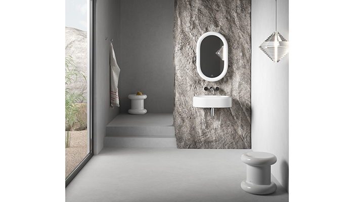 Ceramic pieces are only available in white for a “visibly clean” look, and include a stool, mirror and basin, all with the signature generously rounded shape