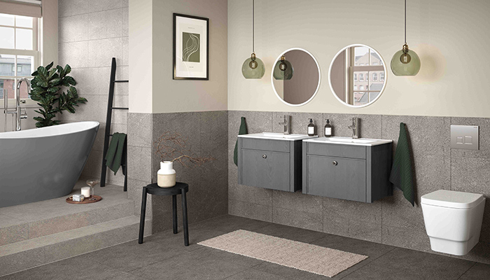 PJH’s bestselling transitional bathroom furniture range, the freestanding Lucia collection has just been extended with new wall-hung units, seen here in Grey Ash textured woodgrain. The classic framed door is teamed with a modern, slim ceramic basin and brushed chrome handles