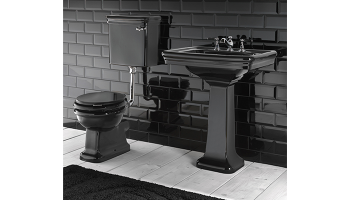 Combining traditional styling with a contemporary, glossy black finish, Imperial Bathrooms’ Etoile Black Sapphire suite features this Large 3 Tap Hole Pedestal Basin and Pan with Low Level Cistern and Chrome fittings