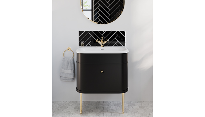 Pictured in Matt Black with gold legs, Burlington Bathrooms’ 650mm-wide, single drawer Chalfont vanity unit would complement period as well as more modern bathrooms. It comes in four widths from 550-1000mm 