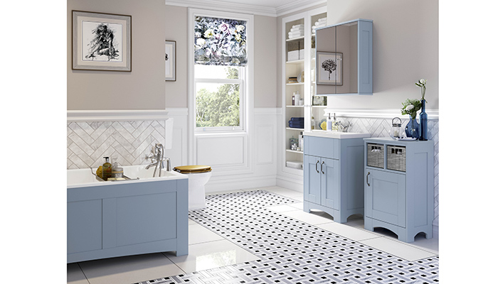 With its modern Shaker styling, Mereway Bathrooms’ Knightsbridge range of freestanding furniture is seen here in Sky Blue