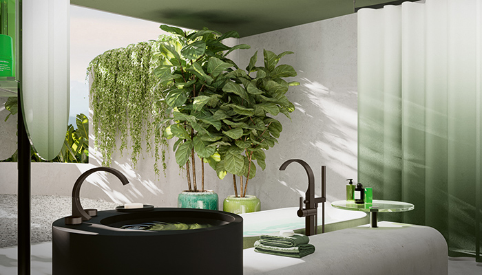 New CYO brassware in Dark Platinum matt finish, presented in an ‘oasis of wellness’ bringing the outside world indoors