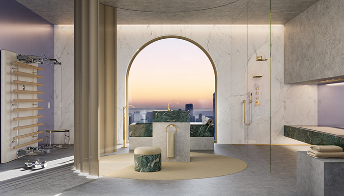 New CYO brassware seen in its ‘metropolitan’ setting, a bathroom designed as a meeting point between gym and private spa