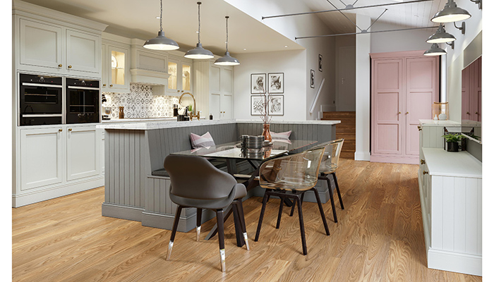 Combining Light Grey, Cool Grey and Desert Pink, this kitchen from LochAnna’s Durham collection features Italian made, solid timber doors. The integrated seating area creates a distinct dining zone, while helping the room retain its spacious feel   