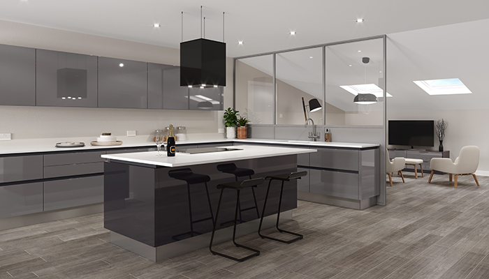 Ideal for clients looking to zone kitchen, living and dining areas, Crown Imperial’s glossy Furore furniture collection combines Graphite and Grey Light handleless units in this contemporary broken-plan design