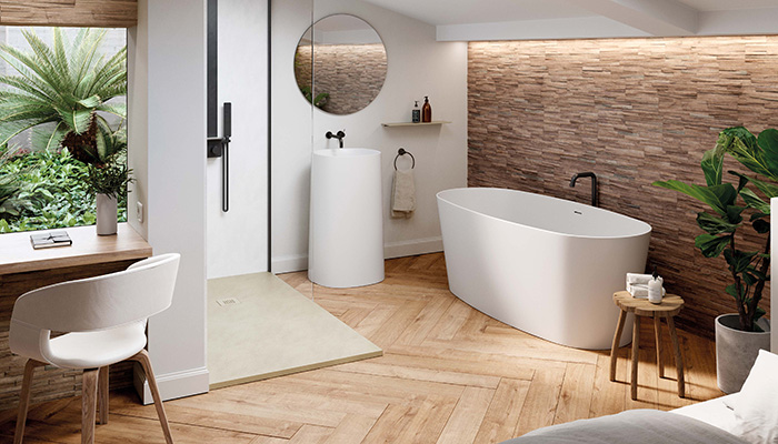 Part of its Aquawhite collection, Acquabella’s Venet bathtub is made from the unique material, Dolotek, which is antibacterial, smooth to the touch and UV-resistant. It’s shown here in a full bathroom setup within an open plan bedroom space
