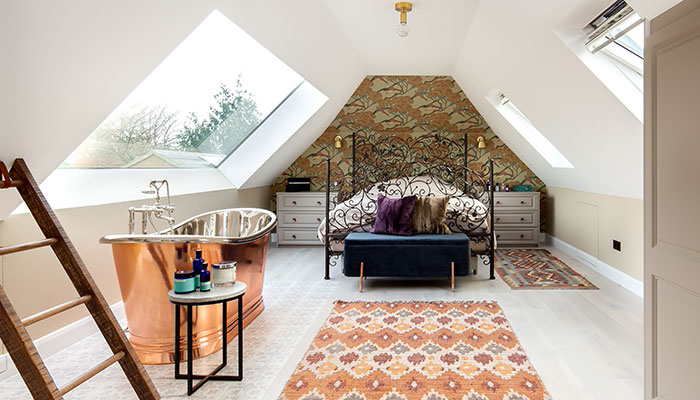 BC Designs’ copper and nickel boat bath offers the height of luxury, creating a showstopping look in this loft bedroom by Virtue Projects Ltd. It’s available in 1500mm and 1700mm lengths