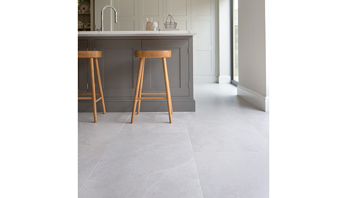 Cordelia White porcelain tiles measuring 1200 x 600mm show how a larger format can work in an open-plan space