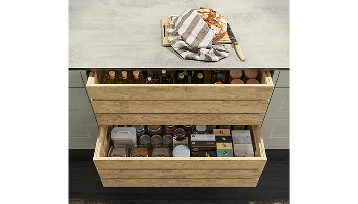 Crate drawers and Crate larders are available in Tuscan Walnut or Portland Oak (shown)