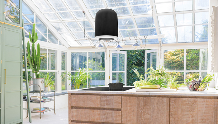 Caple’s Vela recirculation island hood is available in a choice of three painted stainless steel finishes, and its adjustable height allows for both standard and high ceilings
