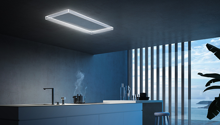 For designers looking to make a barely there statement, Falmec’s Alba hood blends subtly into the décor of the kitchen ceiling. This elegant rectangular appliance incorporates Dynamic Lighting, which adapts from cool to warm according to room temperature, plus a choice of powerful motor options from 800 to 1500 m3h. This stunning ceiling model comes with a matt white inner panel, which can be painted to match or contrast with the kitchen décor