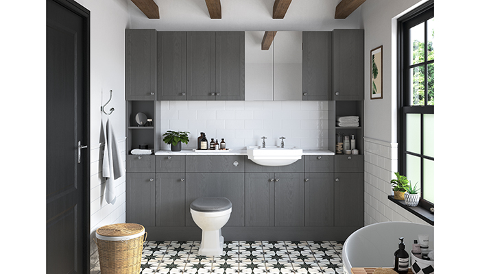 The Benita fitted furniture range from PJH is available in Indigo Ash, Satin White Ash and Grey Ash, shown here. Units come fully assembled with soft-close doors and drawers, and there’s a choice of laminate or solid surface worktops