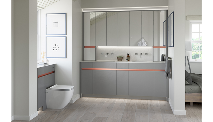 Those seeking a seamless look can’t fail to be impressed by Utopia’s Contemporary fitted furniture in Flat Grey, enhanced with copper metallic handle trim
