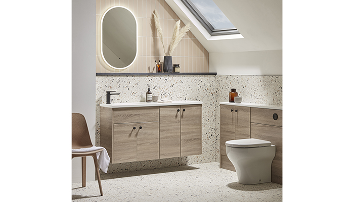 The flat-fronted door style cabinetry of Roper Rhodes’ Aruba collection features seamless joinery in a range of textured, matte and gloss finishes, shown here in Washed Oak. Designers can personalise the space further by offering customers a wide range of brassware and handles