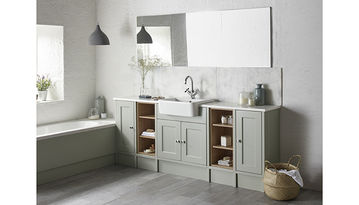 Drawing heavily on classic Shaker design, the Burford fitted bathroom furniture collection in Pebble Grey from Roper Rhodes is defined by panelled woodwork, a refined profile and a hand-painted finish. It’s available in slimline and standard depths and can be configured to suit most bathrooms using multiple bathroom storage and furniture unit options