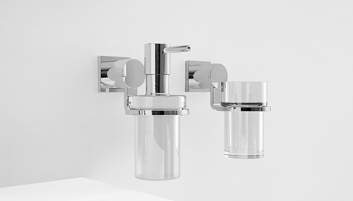 Consumers can co-ordinate brassware and accessories with Grohe’s minimalist Allure range. Combining glass with Grohe’s StarLight chrome finish, the wall-mounted soap dispenser and tumbler have concealed fixings for a clean finish