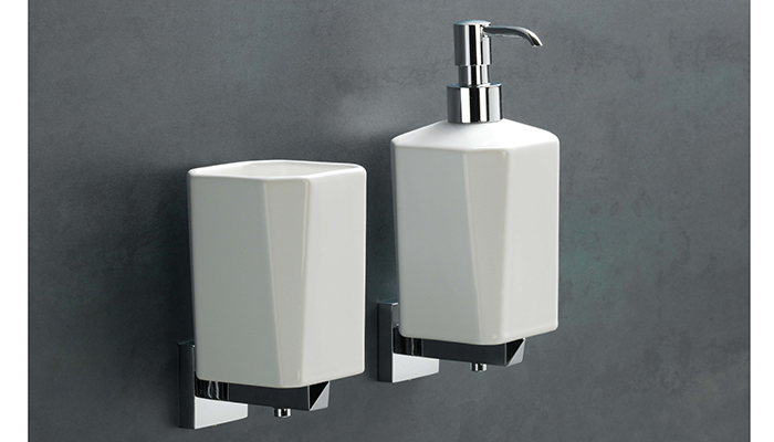 The comprehensive Vitti range is from PJH’s Bathrooms to Love Italian Accessories Collection.  Backed by a 10-year guarantee, the wall-mounted Vitti soap dispenser and tumbler, pictured, feature an angled ceramic design and a chrome finish