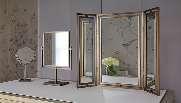 The new Claremont collection of vanity/dressing table mirrors in Satin Antique Lacquered finish, designed by Sophie Paterson and made to order
